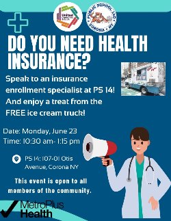 flyer for monday june 23 ice cream truck and health insurance enrollment by Metro Plus